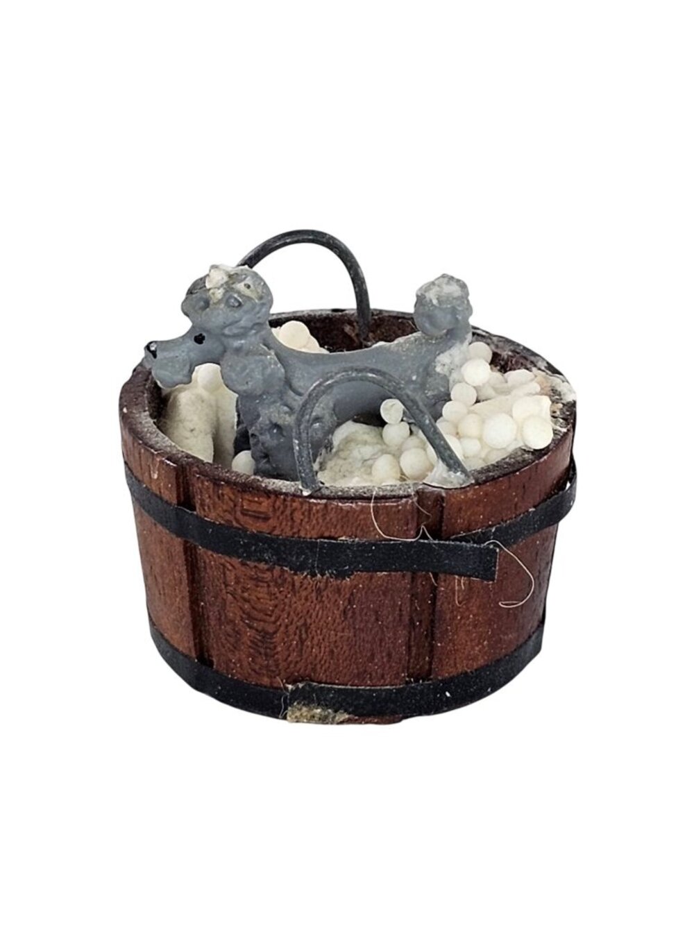 Miniature Poodle Dog In Washtub Wooden Bucket Soap Suds Figurine Decor Miniature